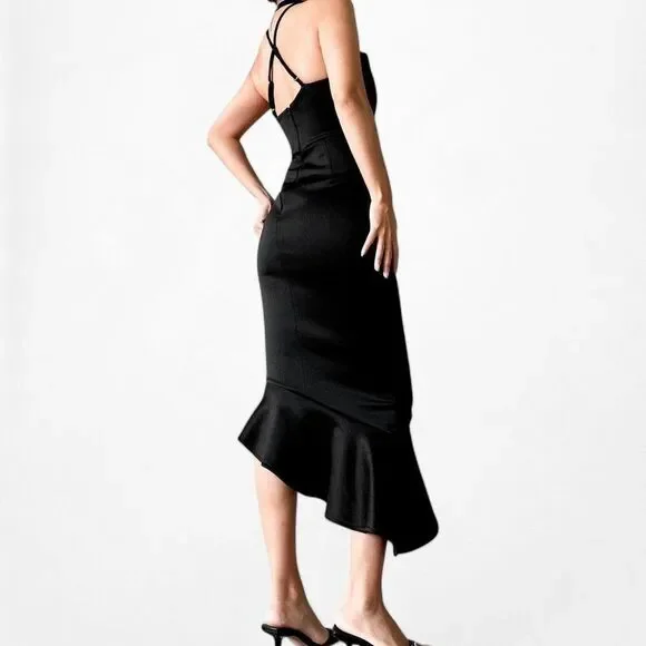 Black Cowl Neck Halter Bodycon Ruffle Midi Cocktail Formal Dress Size 2/XS